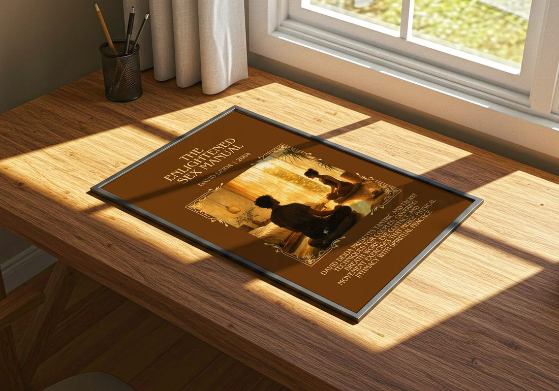 The Enlightened Sex Manual Minimalist Book Poster by David Deida – print on a sunlit desk