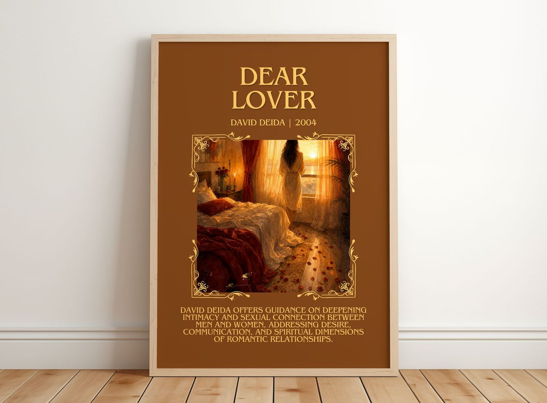 Dear Lover Minimalist Book Poster by David Deida – framed print leaning on a wooden floor