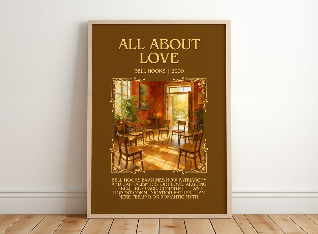 All About Love Minimalist Book Poster by Bell Hooks – framed print leaning on a wooden floor