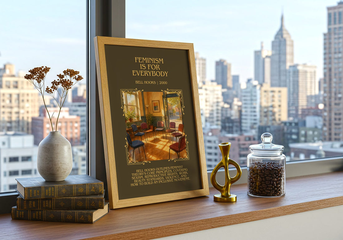 Feminism Is for Everybody Minimalist Book Poster by Bell Hooks – framed print on a city-view windowsill
