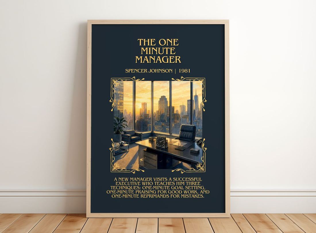 The one minute manager Minimalist Book Poster by Spencer Johnson – framed print leaning on a wooden floor
