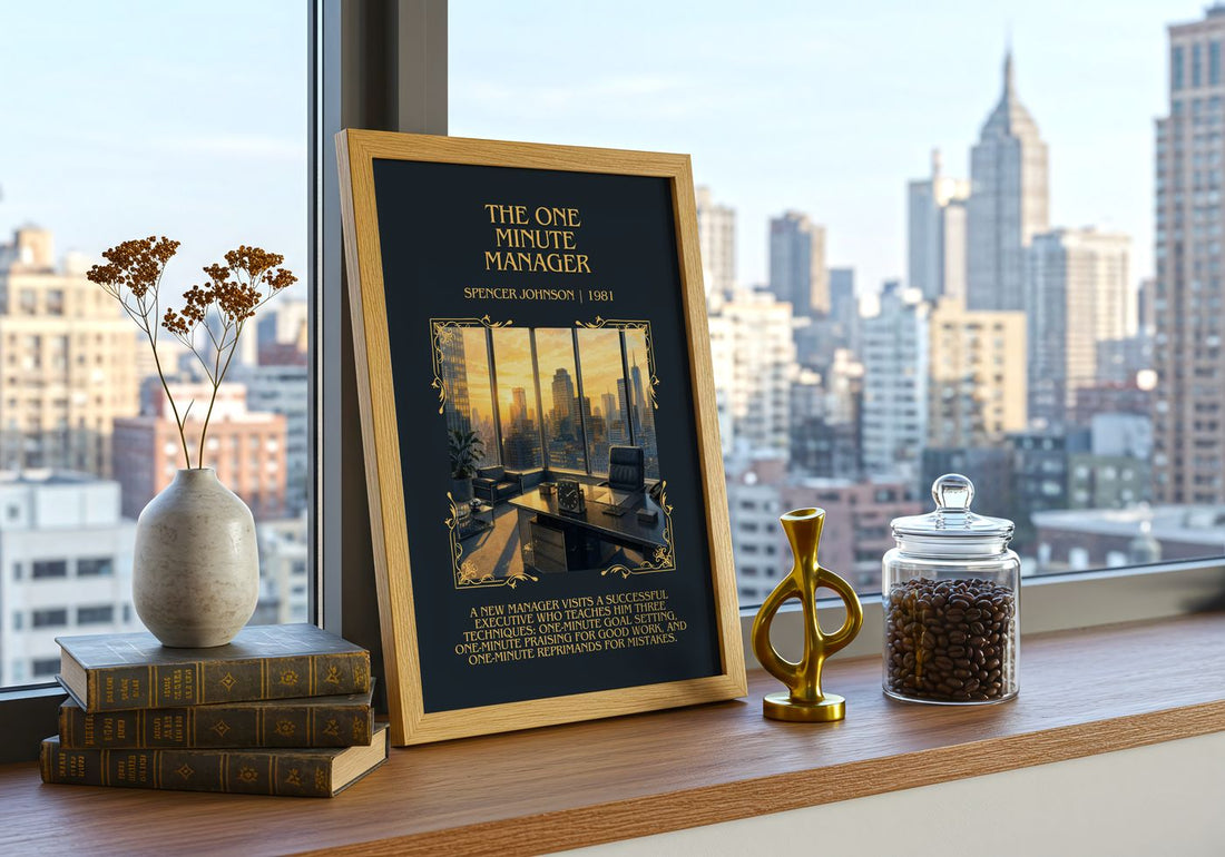 The one minute manager Minimalist Book Poster by Spencer Johnson – framed print on a city-view windowsill