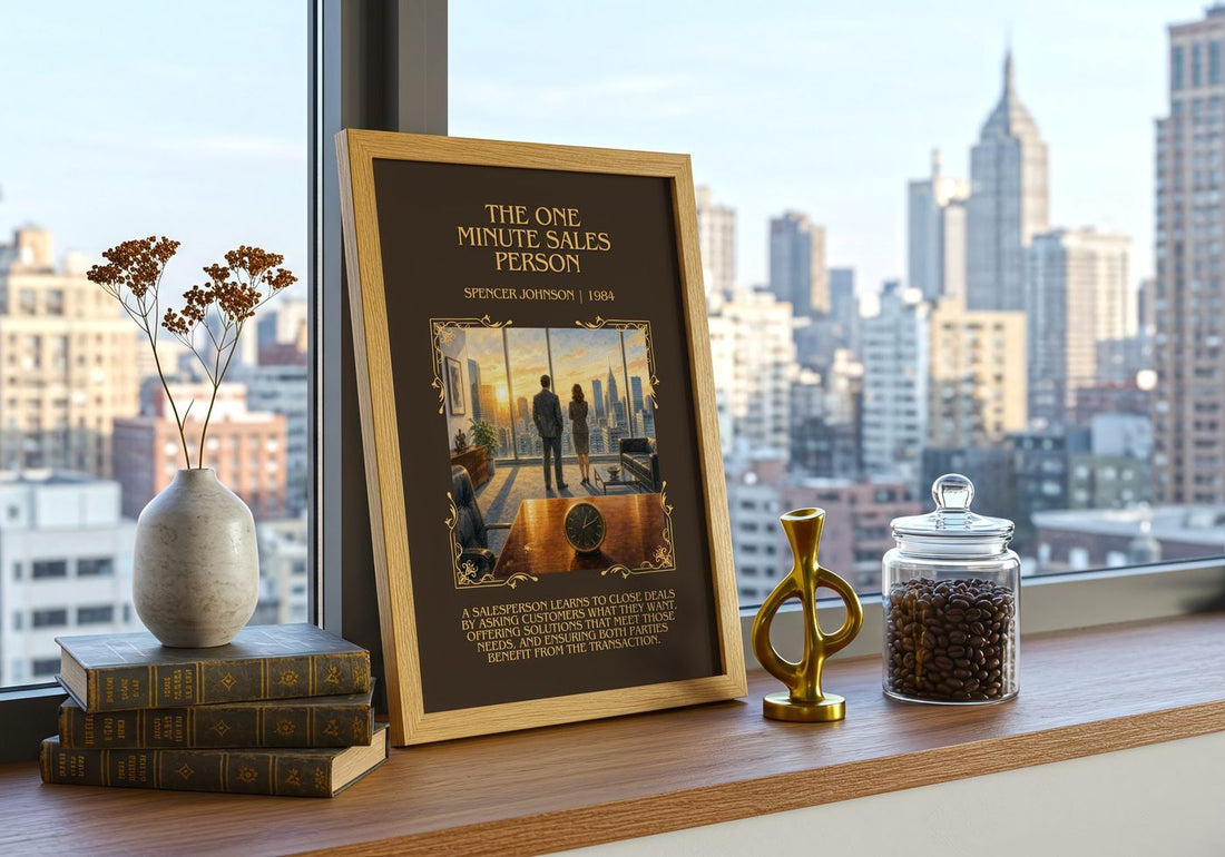 The one minute sales person Minimalist Book Poster by Spencer Johnson – framed print on a city-view windowsill