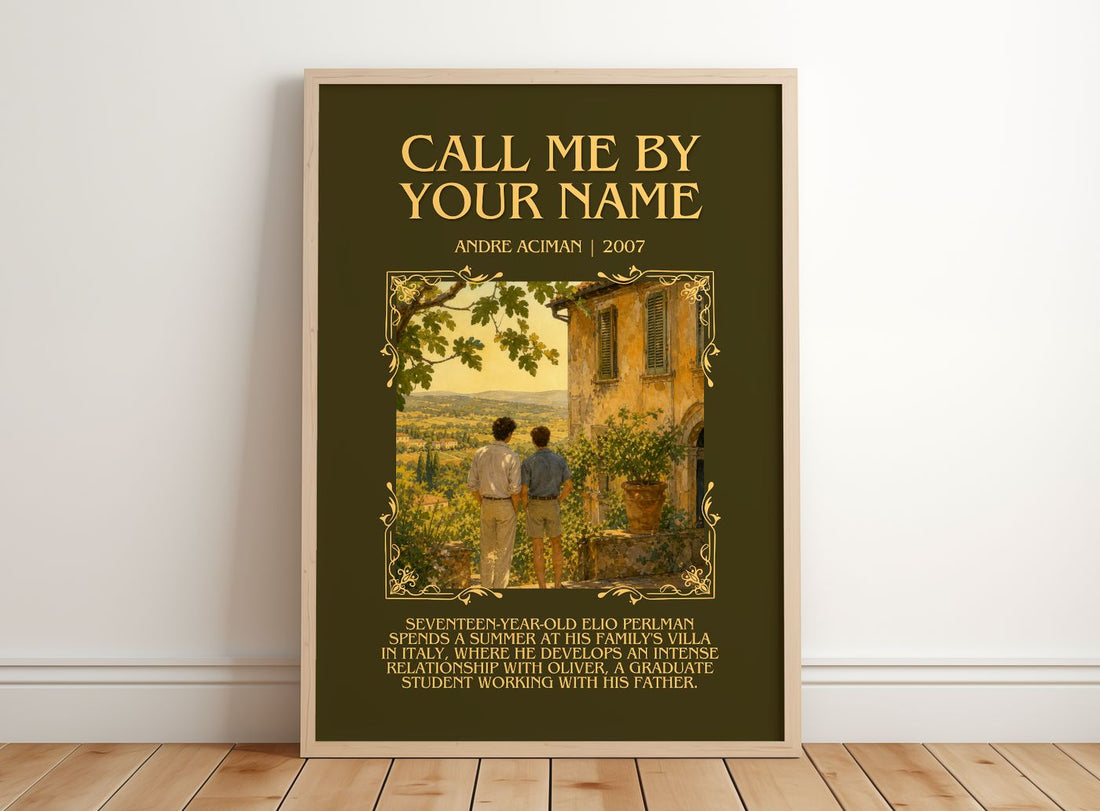 Call Me by Your Name Minimalist Book Poster by André Aciman – framed print leaning on a wooden floor