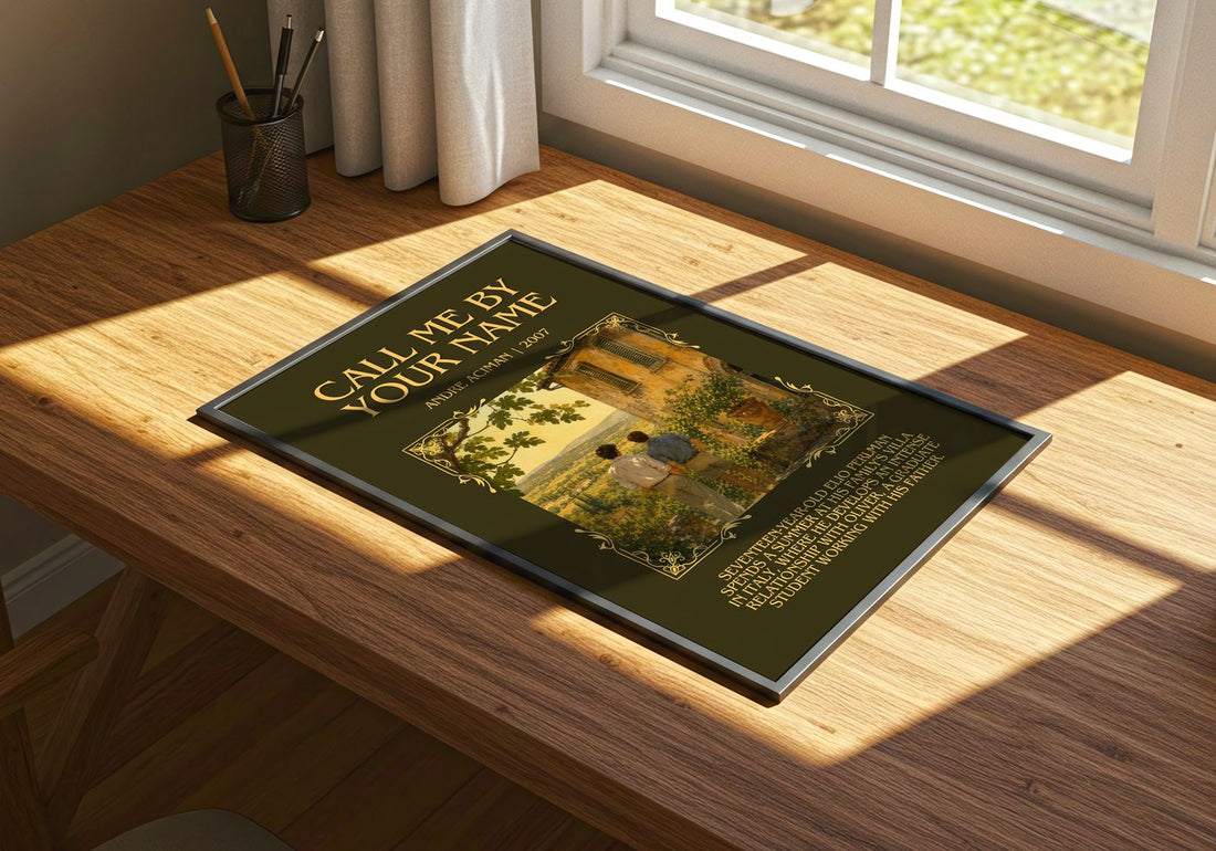 Call Me by Your Name Minimalist Book Poster by André Aciman – print on a sunlit desk