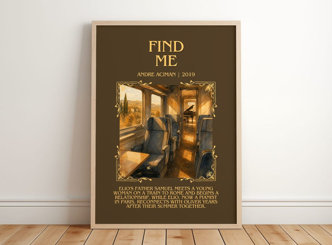 Find Me Minimalist Book Poster by André Aciman – framed print leaning on a wooden floor