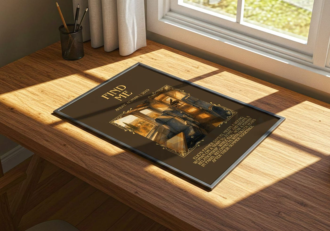 Find Me Minimalist Book Poster by André Aciman – print on a sunlit desk
