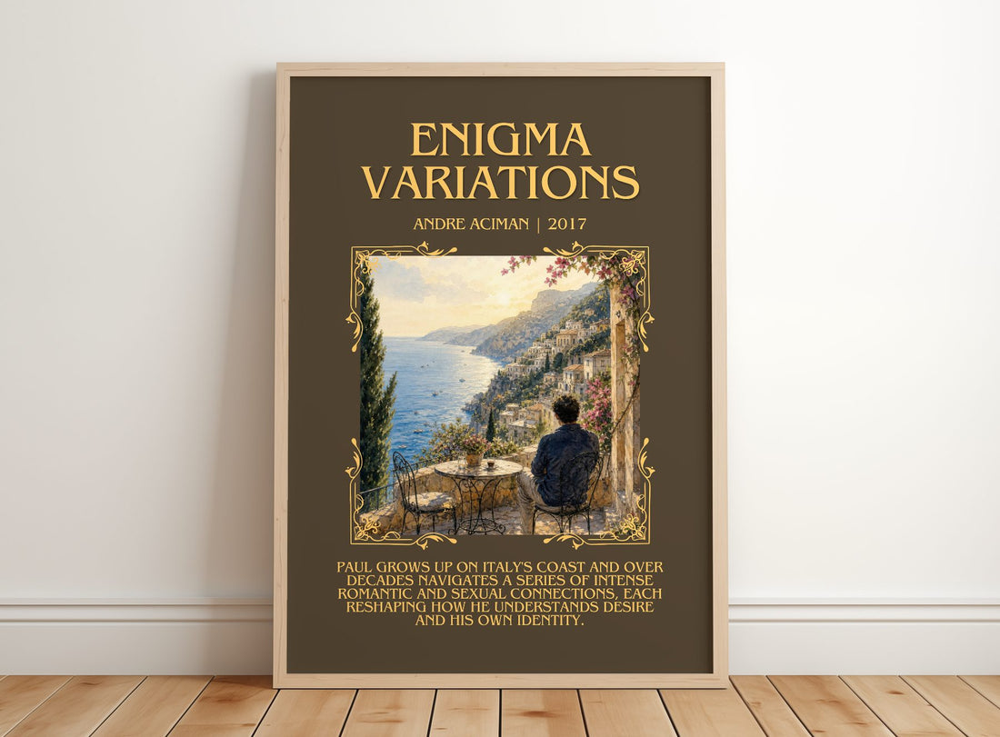 Enigma variations Minimalist Book Poster by André Aciman – framed print leaning on a wooden floor