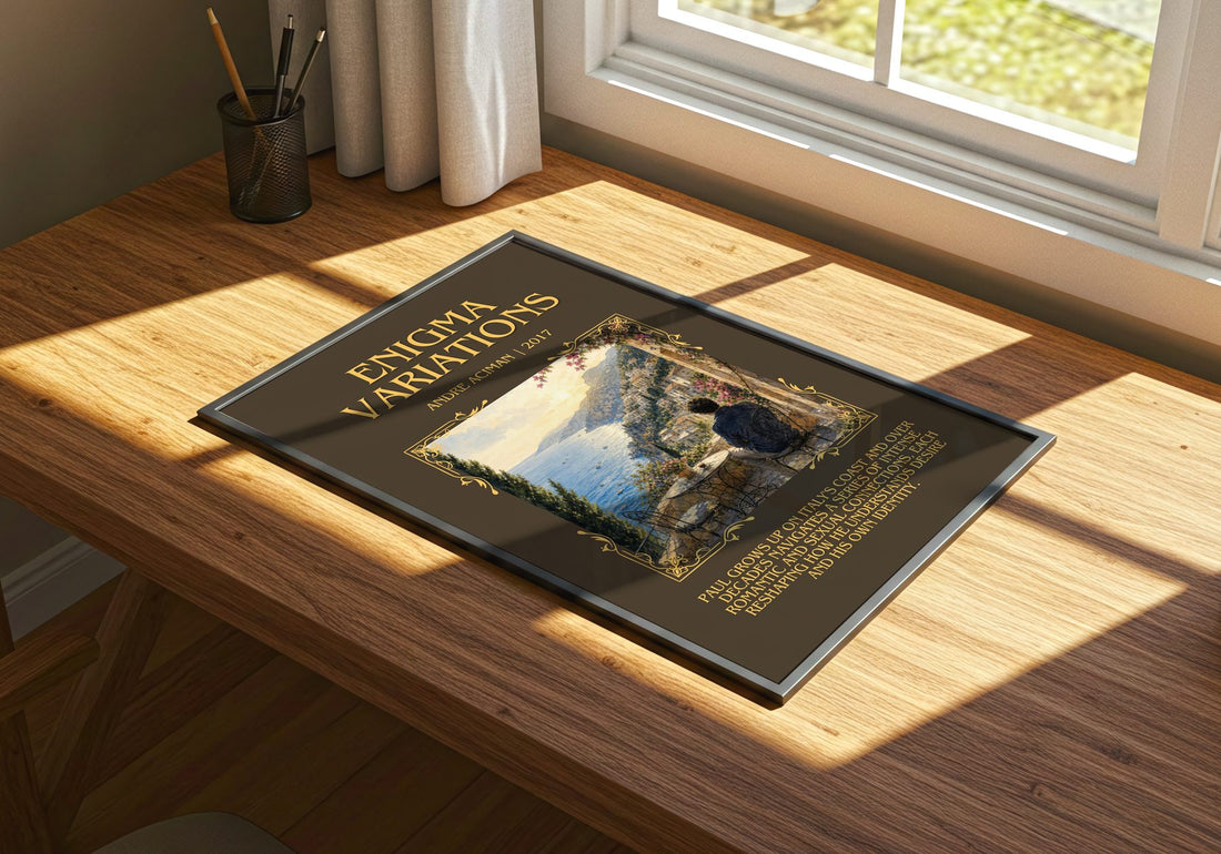 Enigma variations Minimalist Book Poster by André Aciman – print on a sunlit desk