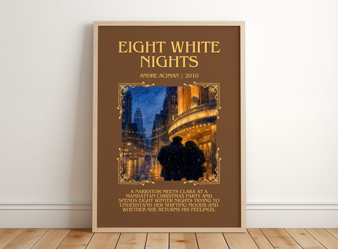 Eight white nights Minimalist Book Poster by André Aciman – framed print leaning on a wooden floor
