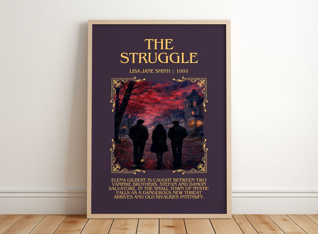 The Struggle Minimalist Book Poster by Lisa Jane Smith – framed print leaning on a wooden floor