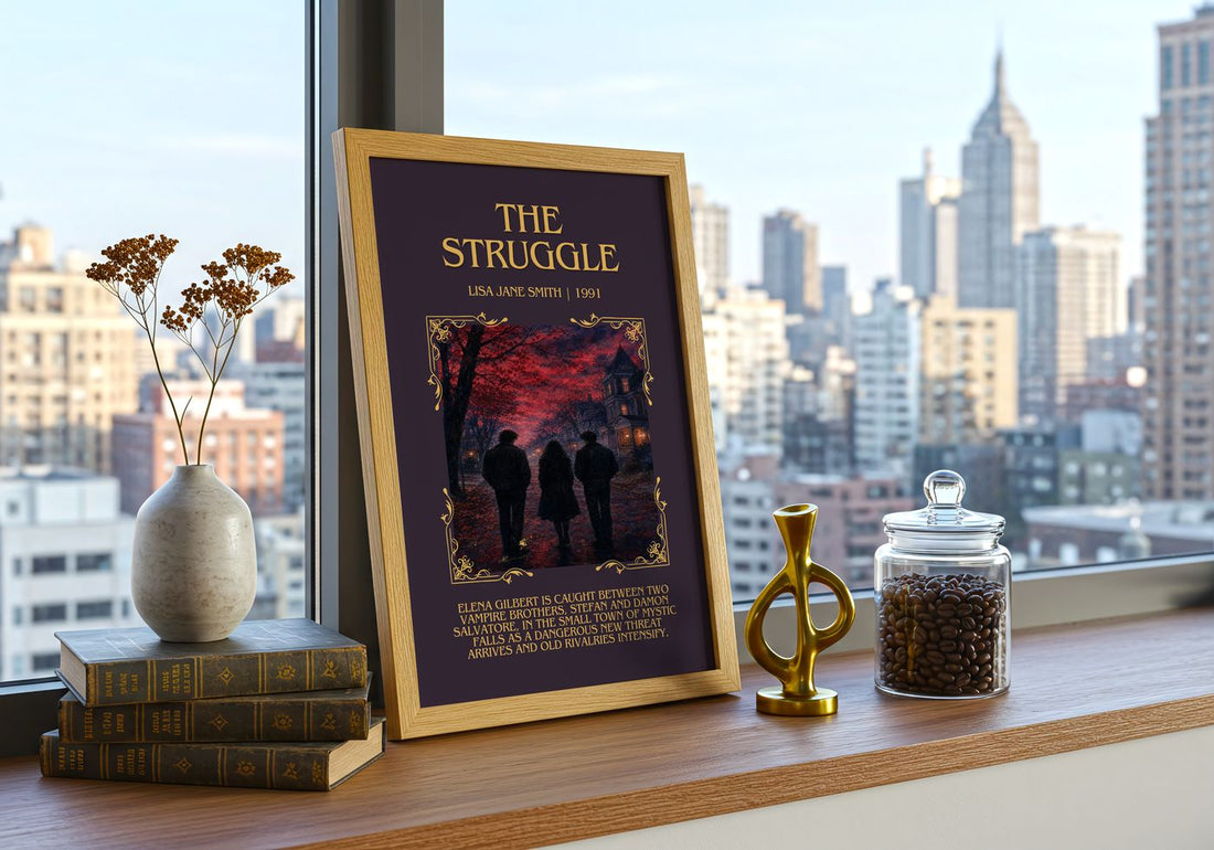 The Struggle Minimalist Book Poster by Lisa Jane Smith – framed print on a city-view windowsill
