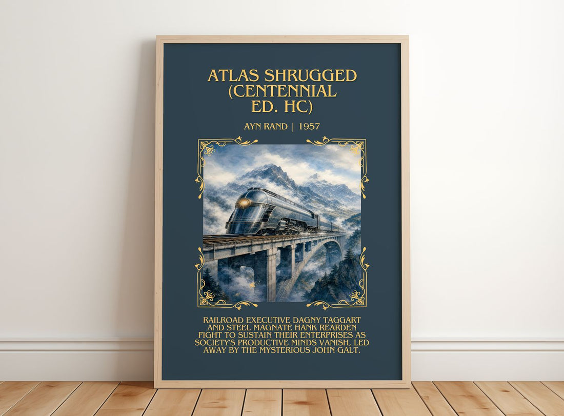 Atlas Shrugged (Centennial Ed. HC) Minimalist Book Poster by Ayn Rand – framed print leaning on a wooden floor