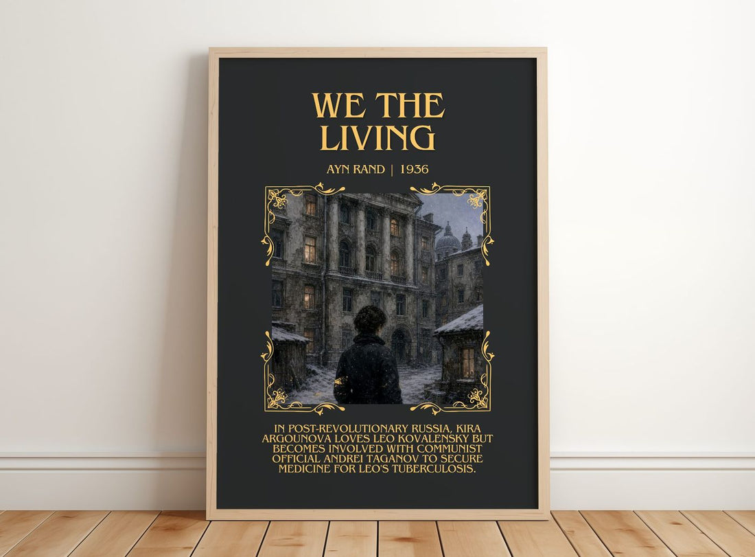 We the living Minimalist Book Poster by Ayn Rand – framed print leaning on a wooden floor