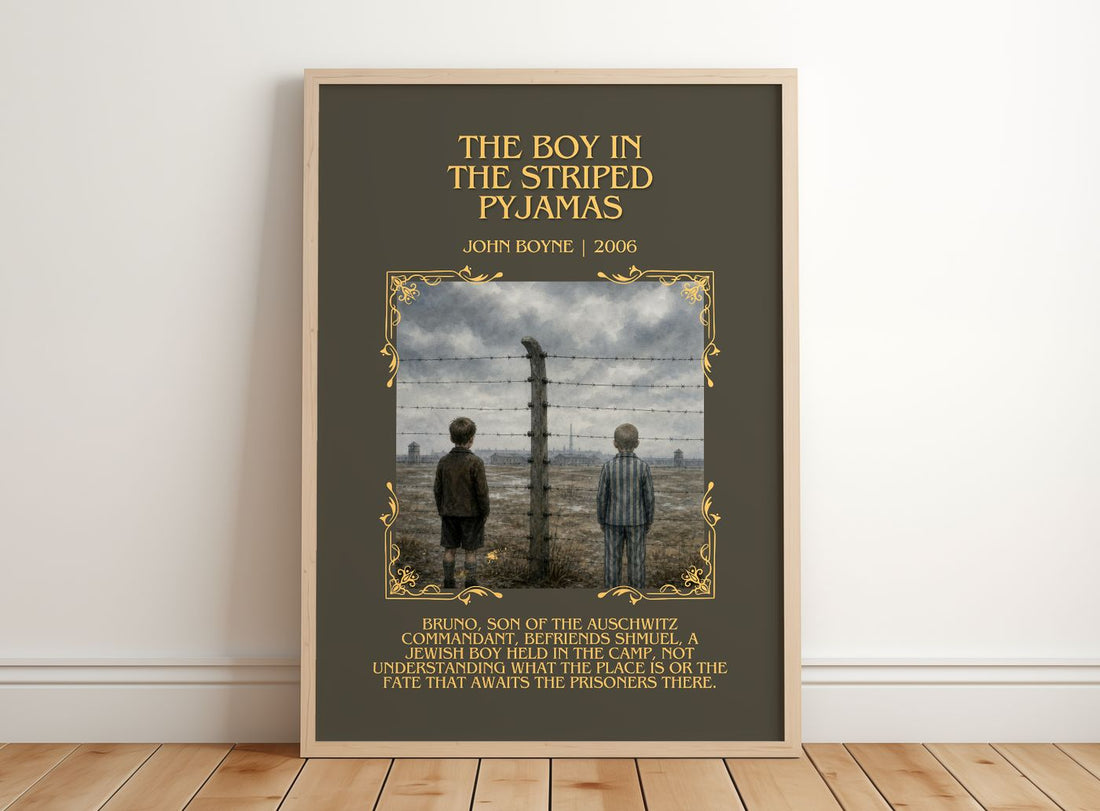 The Boy in the Striped Pyjamas Minimalist Book Poster by John Boyne – framed print leaning on a wooden floor