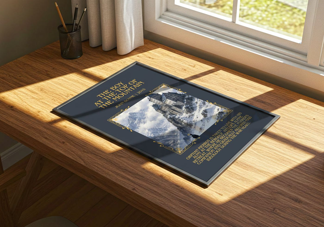 Boy at the Top of the Mountain Minimalist Book Poster by John Boyne – print on a sunlit desk