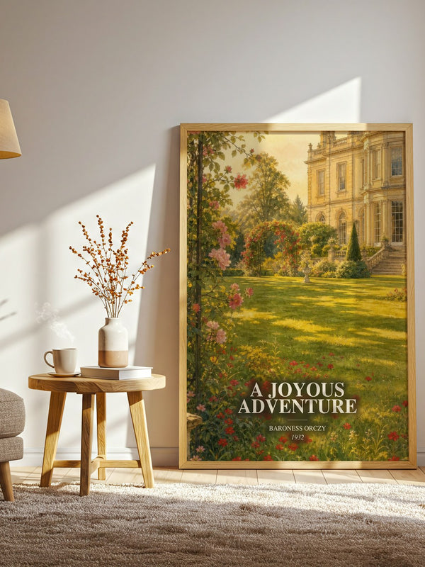 A Joyous Adventure watercolour print in frame leaning in hallway – historical fiction wall art