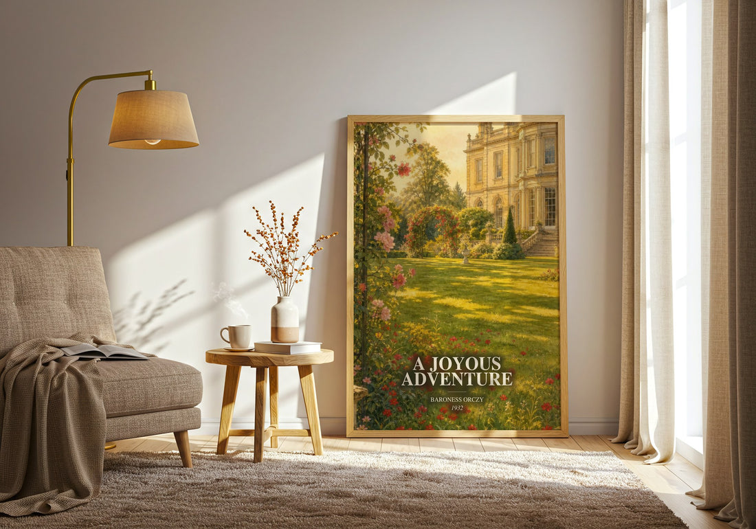 A Joyous Adventure watercolour print in frame leaning in hallway – historical fiction wall art (mockup)