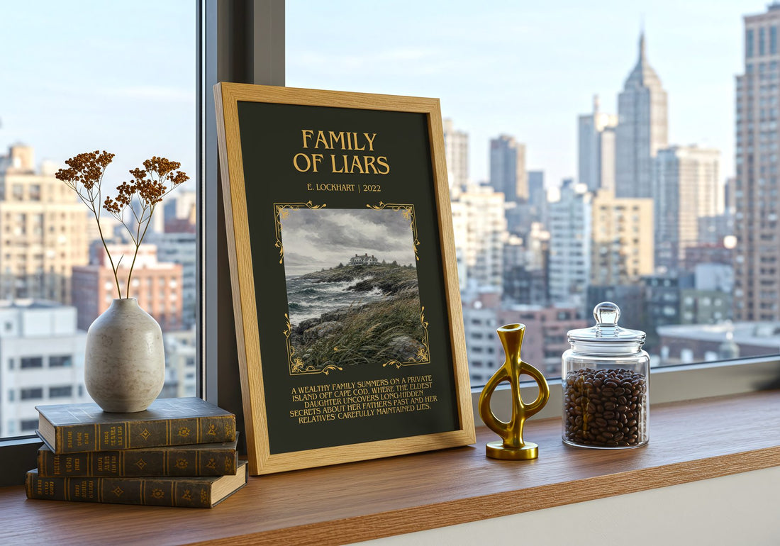Family of Liars Minimalist Book Poster by E. Lockhart – framed print on a city-view windowsill