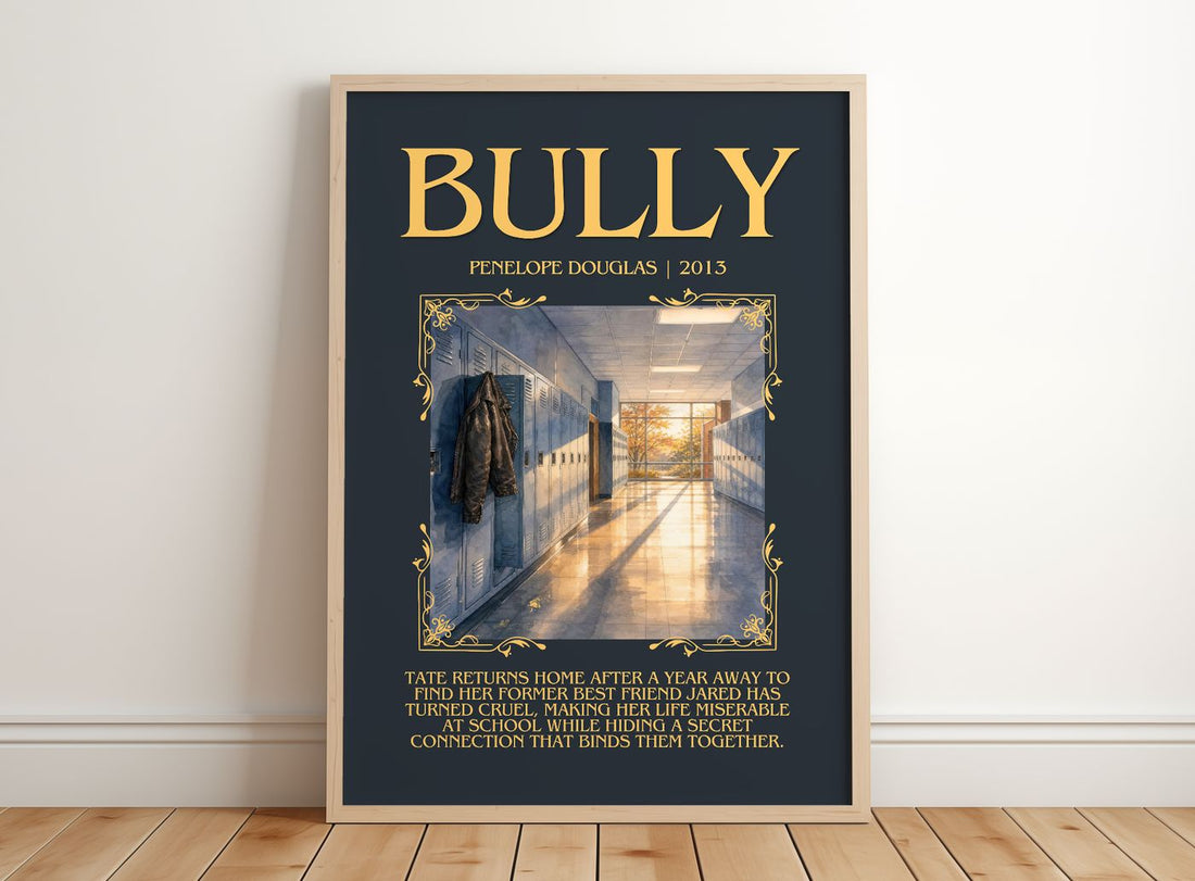 Bully Minimalist Book Poster by Penelope Douglas – framed print leaning on a wooden floor