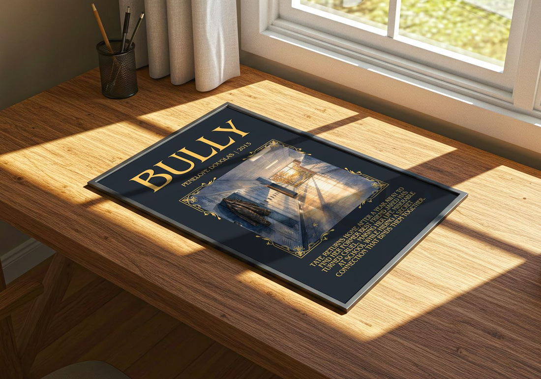 Bully Minimalist Book Poster by Penelope Douglas – print on a sunlit desk