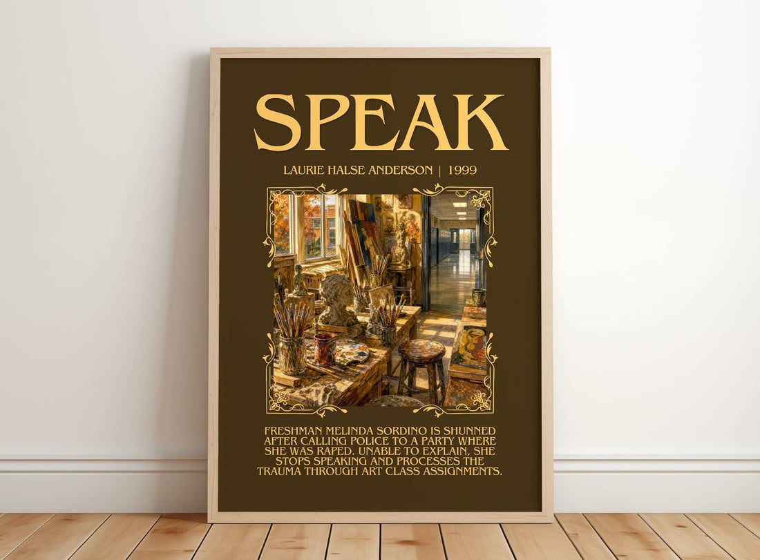 Speak Minimalist Book Poster by Laurie Halse Anderson – framed print leaning on a wooden floor
