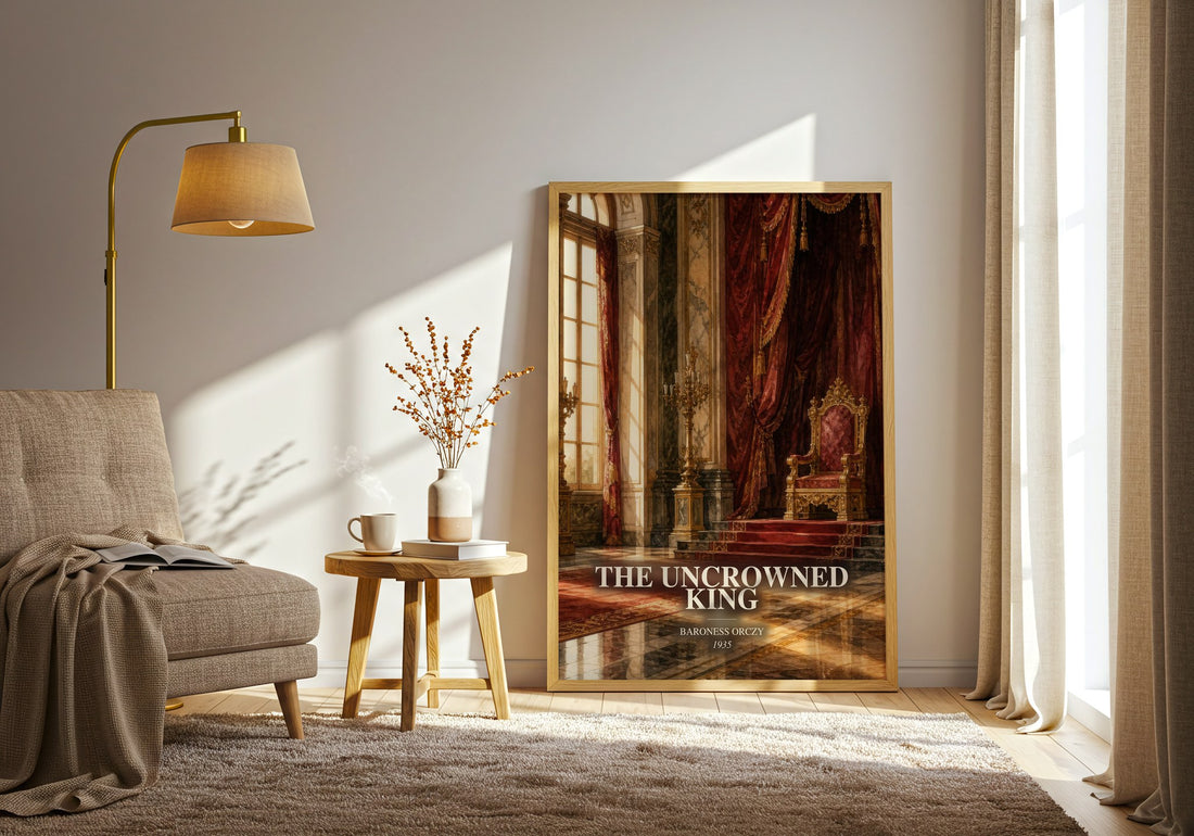 The Uncrowned King watercolour print in frame leaning in hallway – historical fiction wall art (mockup)