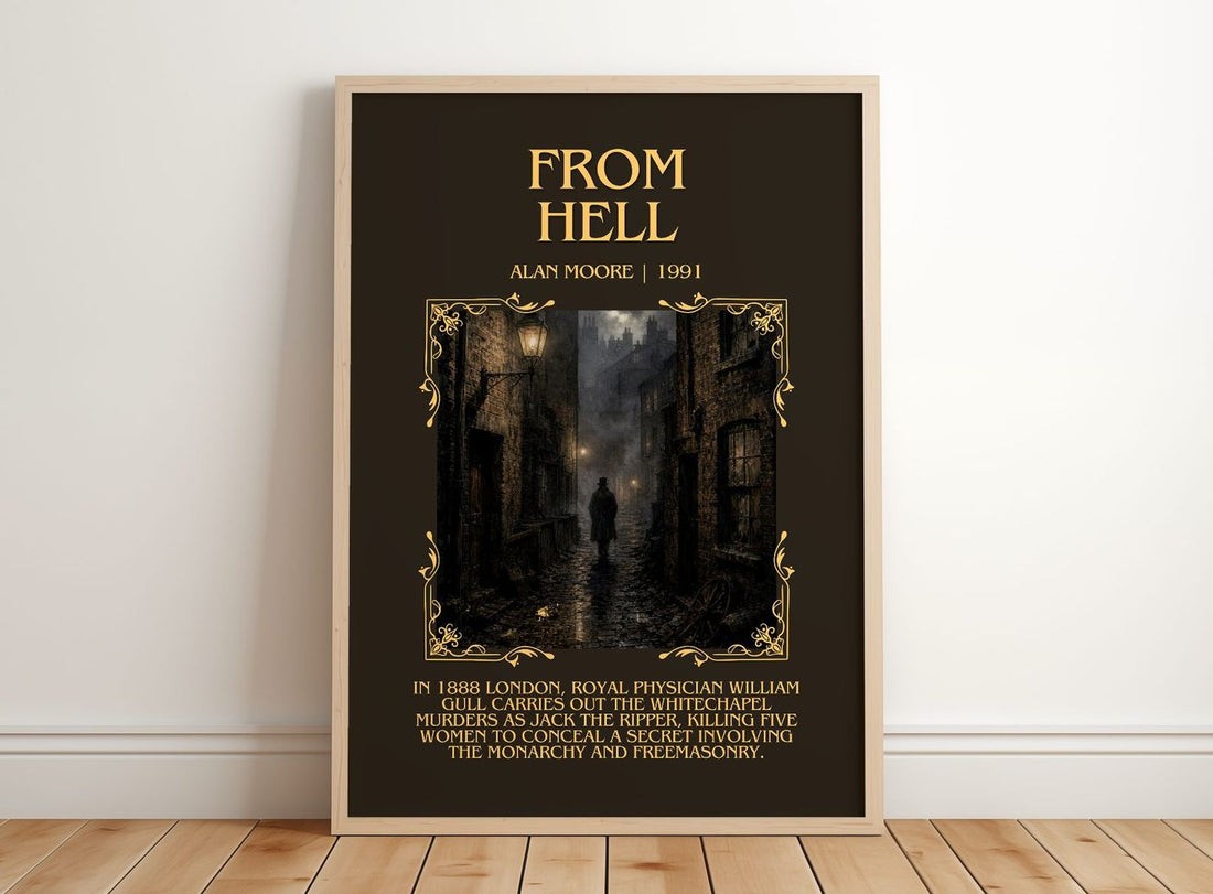 From hell Minimalist Book Poster by Alan Moore – framed print leaning on a wooden floor