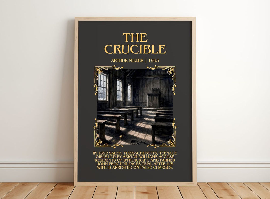 The Crucible Minimalist Book Poster by Arthur Miller – framed print leaning on a wooden floor