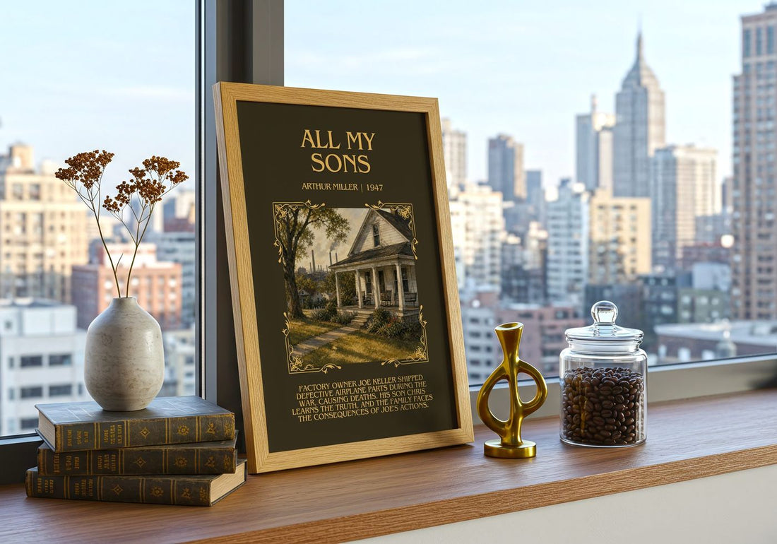 All My Sons Minimalist Book Poster by Arthur Miller – framed print on a city-view windowsill