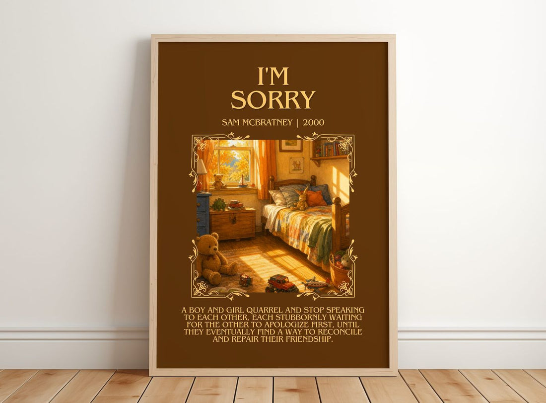 I'm Sorry Minimalist Book Poster by Sam McBratney – framed print leaning on a wooden floor