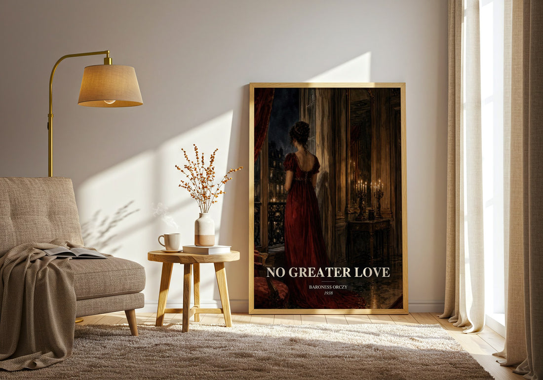 No Greater Love watercolour print in frame leaning in hallway – historical fiction wall art (mockup)