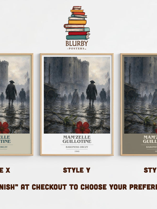 Mam'Zelle Guillotine book cover print in frame leaning in hallway – historical fiction wall art