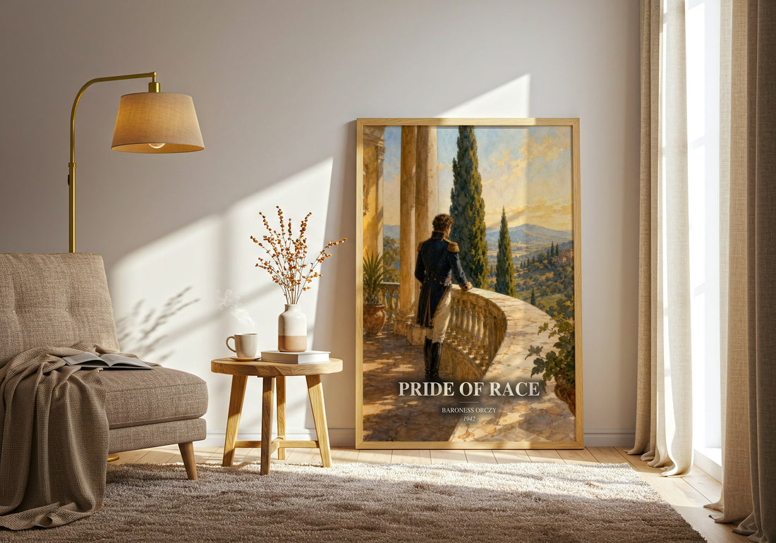 Pride Of Race watercolour print in frame leaning in hallway – historical fiction wall art (mockup)