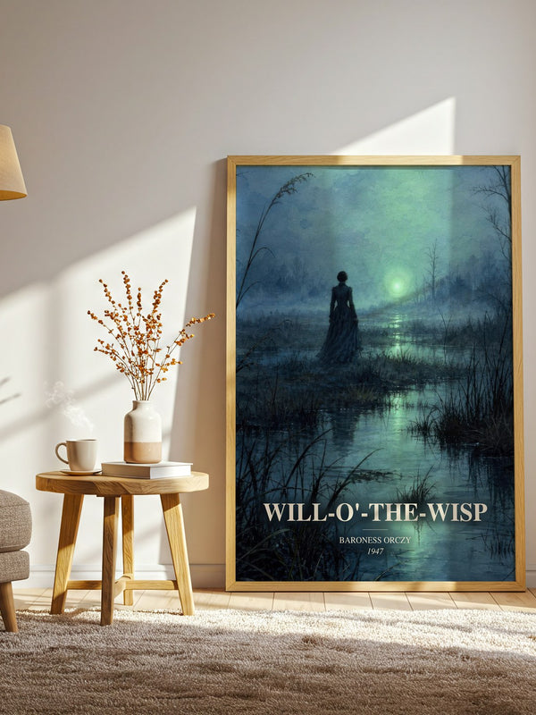 Will-O'-The-Wisp watercolour print in frame leaning in hallway – historical fiction wall art