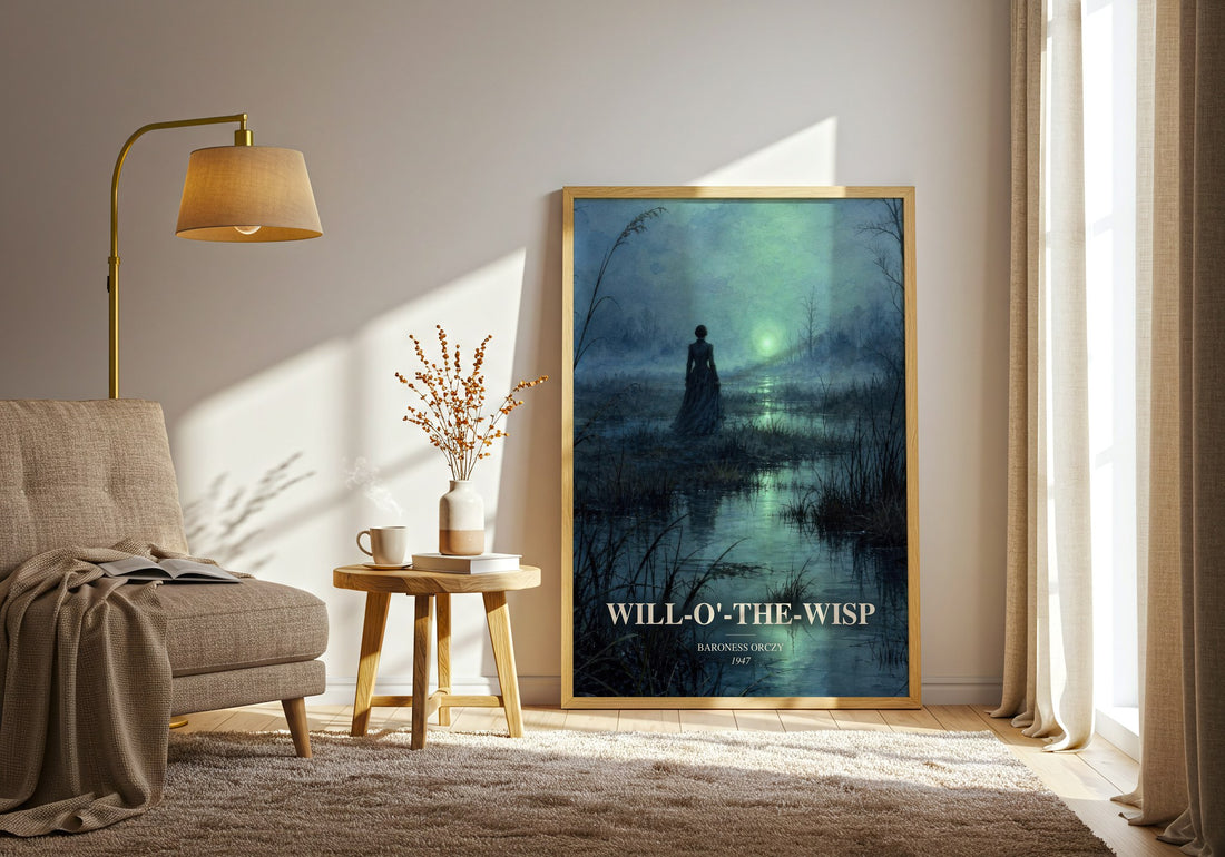 Will-O'-The-Wisp watercolour print in frame leaning in hallway – historical fiction wall art (mockup)