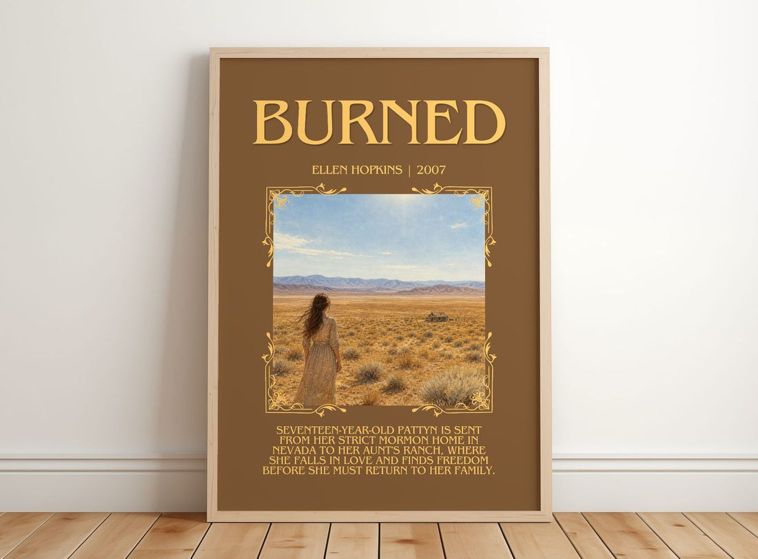 Burned Minimalist Book Poster by Ellen Hopkins – framed print leaning on a wooden floor