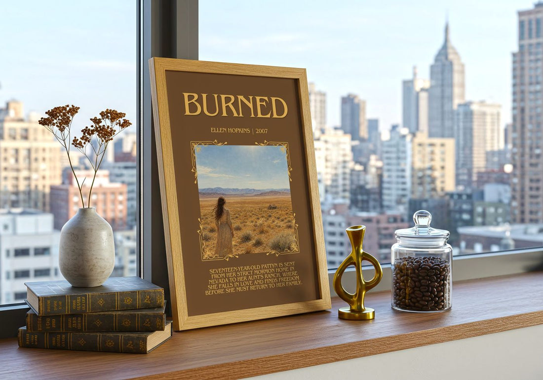 Burned Minimalist Book Poster by Ellen Hopkins – framed print on a city-view windowsill