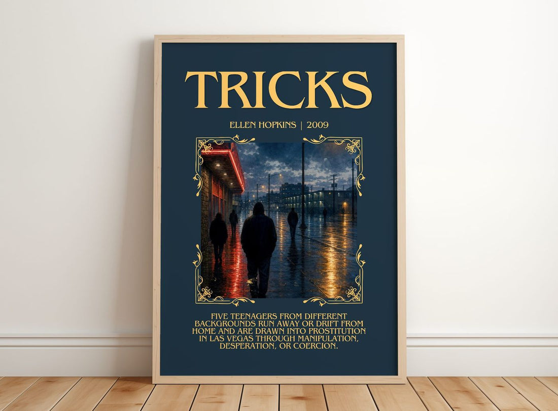 Tricks Minimalist Book Poster by Ellen Hopkins – framed print leaning on a wooden floor