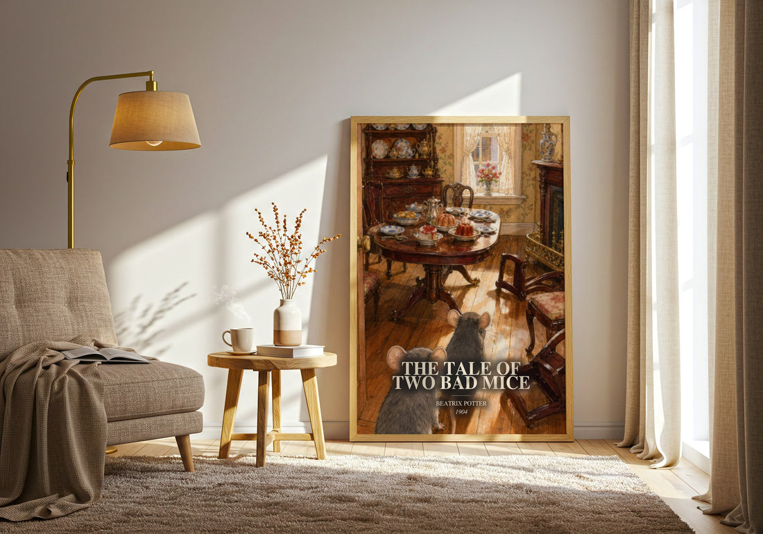 The Tale Of Two Bad Mice watercolour print in frame leaning in hallway – childrens wall art (mockup)