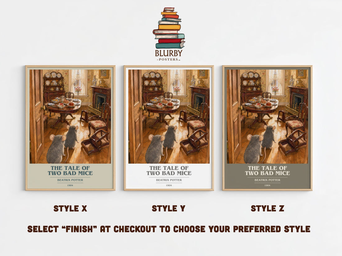 The Tale Of Two Bad Mice book cover print in frame leaning in hallway – childrens wall art (mockup)
