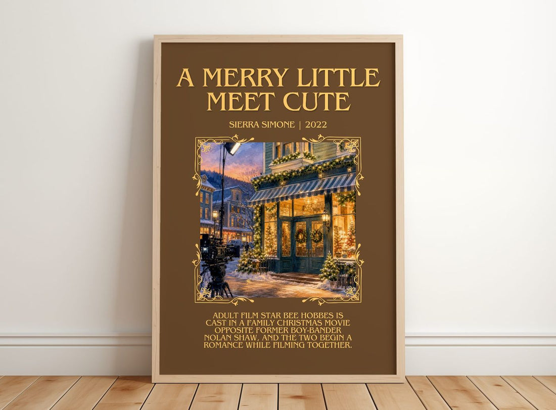 A Merry Little Meet Cute Minimalist Book Poster by Sierra Simone – framed print leaning on a wooden floor