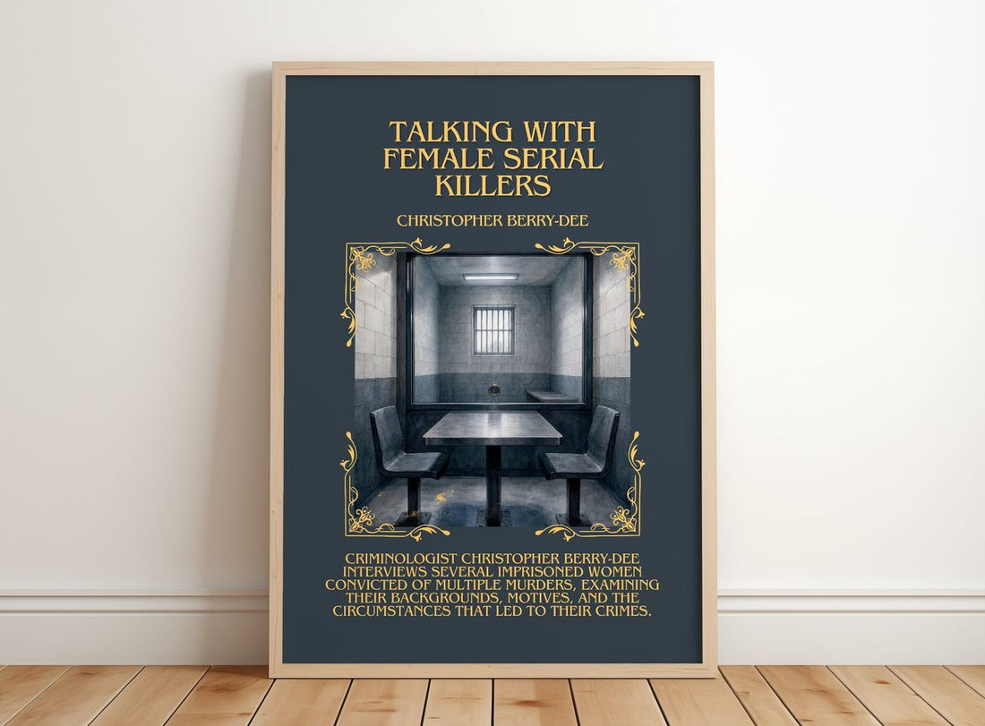 Talking With Female Serial Killers Minimalist Book Poster – framed print leaning on a wooden floor