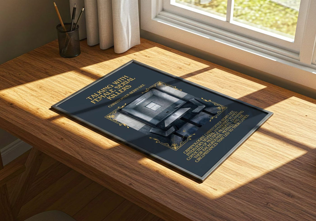 Talking With Female Serial Killers Minimalist Book Poster – print on a sunlit desk