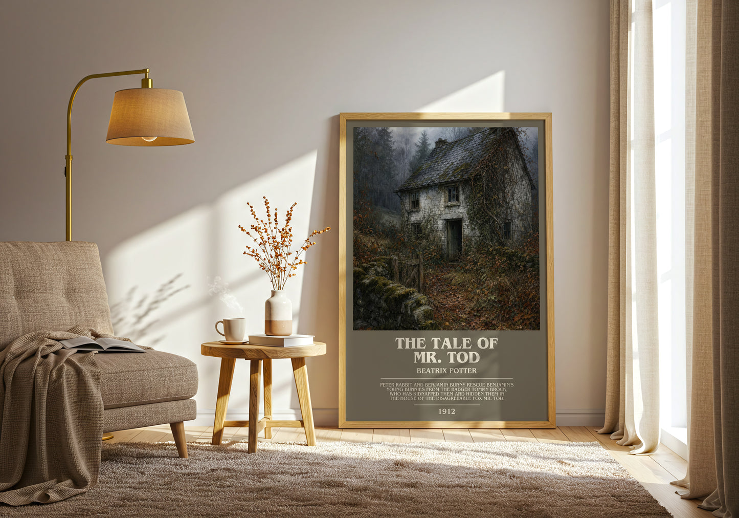The Tale Of Mr. Tod bookish print on bookshelf – Beatrix Potter fan gift