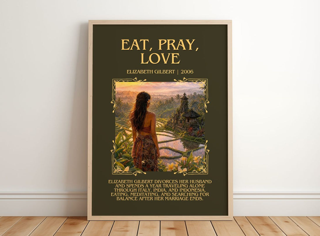 Eat, Pray, Love Minimalist Book Poster by Elizabeth Gilbert – framed print leaning on a wooden floor