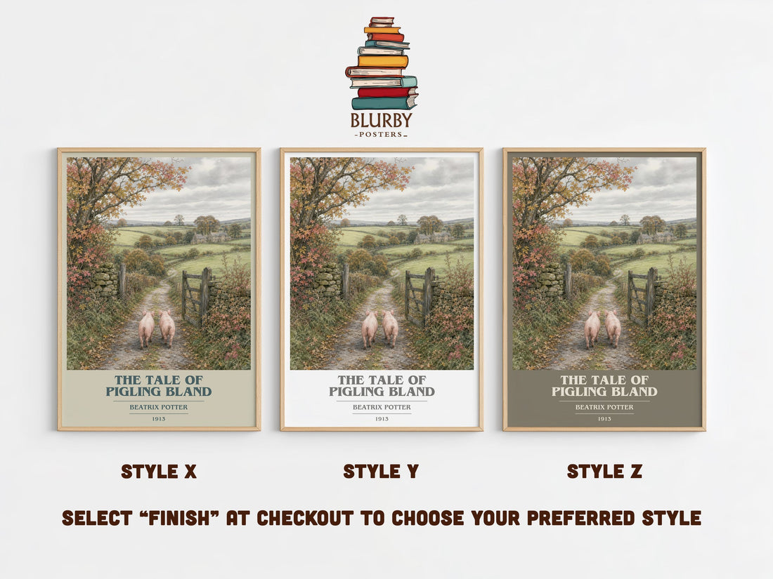 The Tale Of Pigling Bland book cover print in frame leaning in hallway – childrens wall art (mockup)