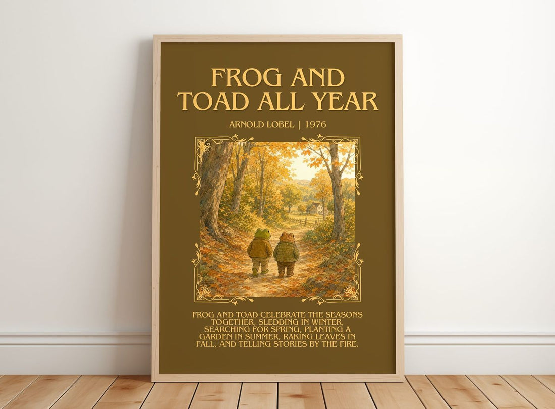 Frog and Toad All Year Minimalist Book Poster by Arnold Lobel – framed print leaning on a wooden floor