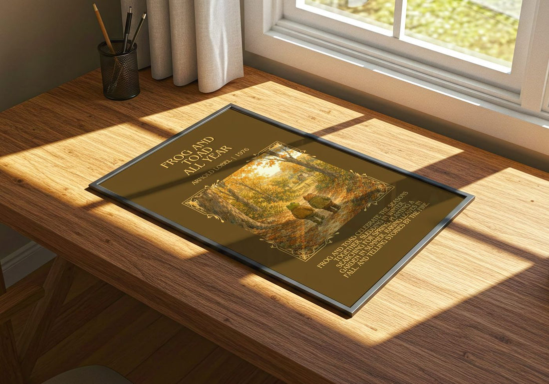 Frog and Toad All Year Minimalist Book Poster by Arnold Lobel – print on a sunlit desk