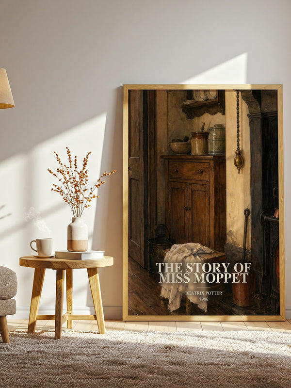 The Story Of Miss Moppet watercolour print in frame leaning in hallway – childrens wall art